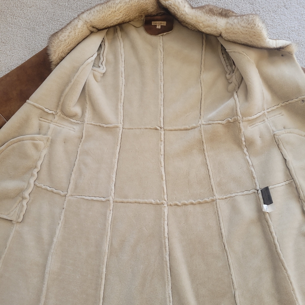 Stunning WILSONS Brown Long Faux Suede Fur Trim Sherpa Shearling Coat Y2K Sz M - Picture 8 of 12